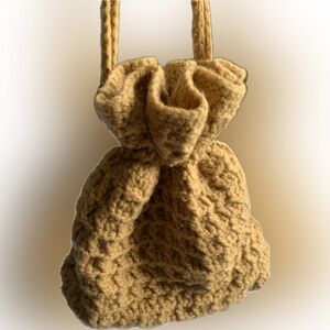 Vintage crochet knit small drawstring purse bucket satchel, tan